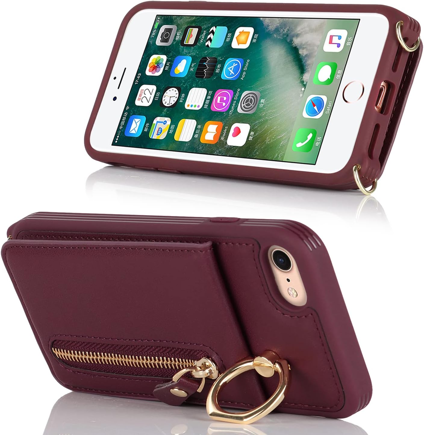 iPhone 7 8 SE (2020) Case with Card Holder, Red Wine Wallet with Strap, Credit Card Slots, Crossbody Kickstand