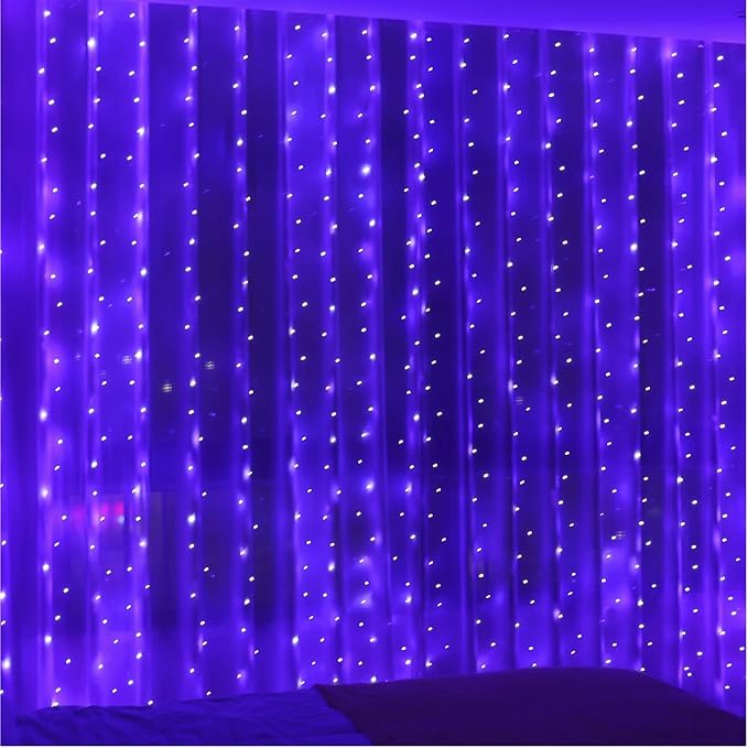 ZSJWL Curtain Lights, 300 LED Curtain Fairy Lights with Remote, 8 Modes 9.8 × 9.8 Ft Curtain String Lights, Waterproof, USB Plug in, Copper Wire Lights for Bedroom Window Chrismas Party, Purple
