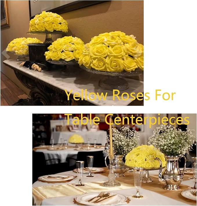 Yellow Artificial Flowers Fake Roses 50 PCS with Stem, Flower Heads Fake Rose for Crafts Bouquets for DIY Wedding Decorations Centerpieces Arrangements Party Home Garden Decor