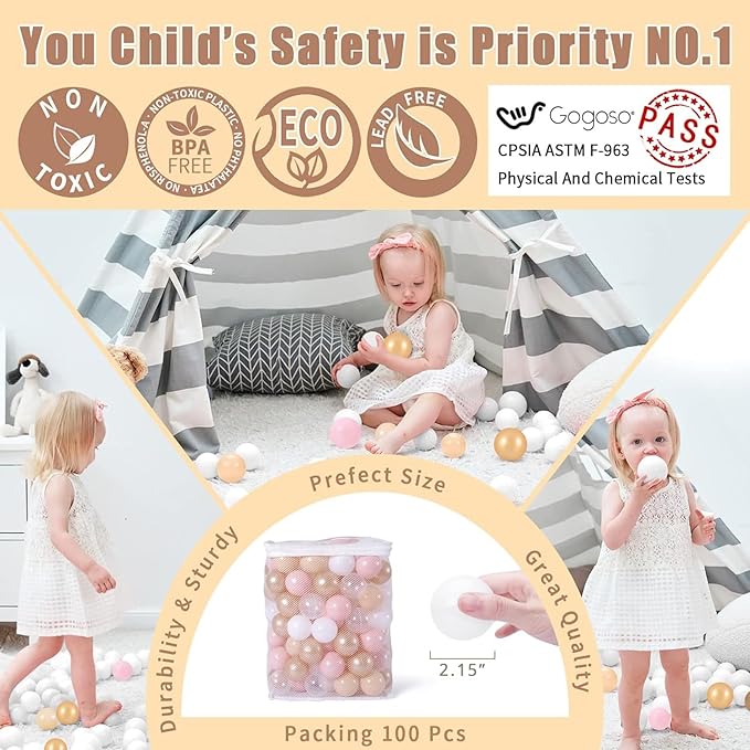 GOGOSO Ball Pits Balls for Toddlers Pack of 50 100 200 Plastics Shape Ball Non-Phthalate Non-BPA Non-Toxic 2.2-Inch Crush Proof Play Balls