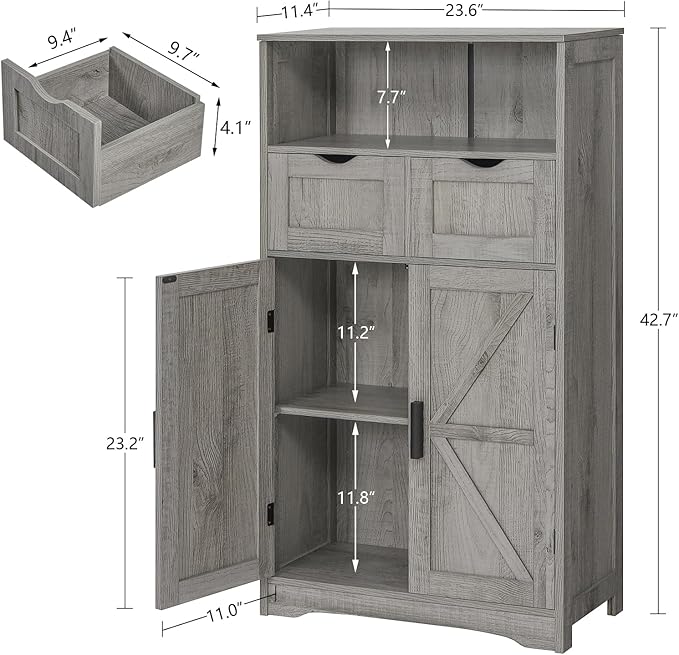 WEENFON Bathroom Cabinet, Storage Cabinet with 2 Adjustable Drawers & 2 Barn Doors, Standing Cupboard with 2 Shelf, Floor Cabinet for Living Room, Home Office, Kitchen, Grey