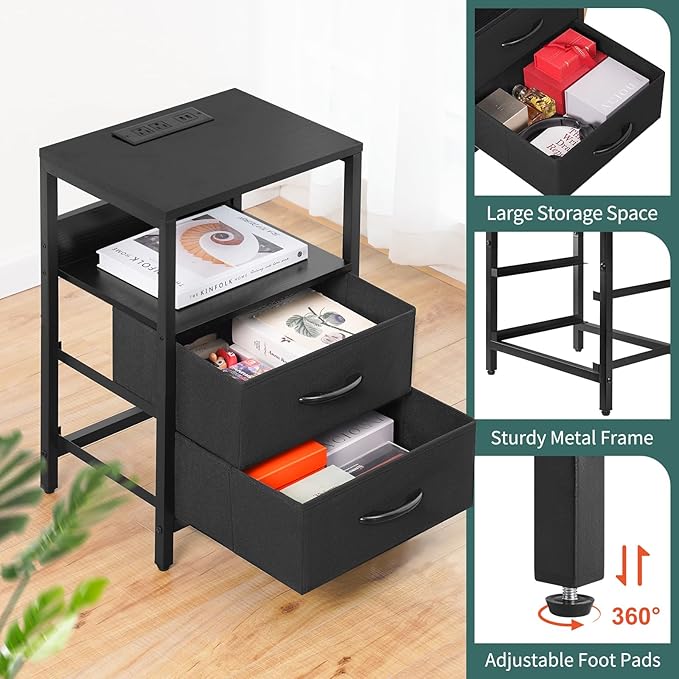 Yoobure Nightstand with Charging Station, Small Night Stand with Fabric Drawers and Storage Shelf for Bedrooms, Nightstands for Small Spaces, Bedside Table with USB Ports & Outlets Bed Side Table