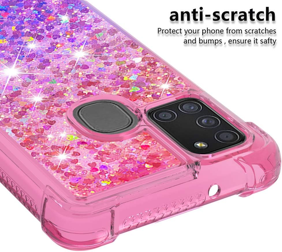 Samsung Galaxy A21S Case with Tempered Glass Screen Protector, Glitter Bling Floating Liquid TPU Shockproof Cover -