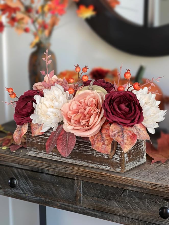 DILATATA Fall Decor Autumn Harvest Pumpkins Centerpiece - Artificial Rose Chrysanthemum Flowers Berries Arrangement in Rectangle Wooden Box for Thanksgiving Party Mantel Fall Decor