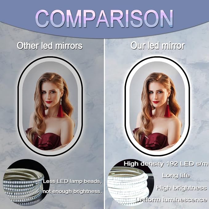 36 x 24 Inch Black Oval LED Mirror for Bathroom Salon Wall Horizontal/Vertical Mounted 36 Inch Black Frame Oval Lighted Mirror with Lights Smart Memory 3 Color Dimmable Front Lights Antifog