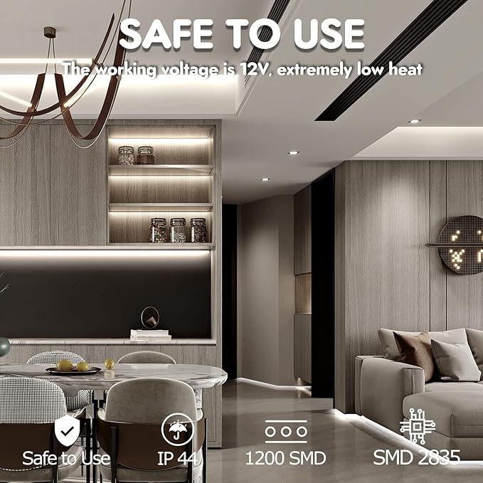 White LED Strip Lights, IP44 Waterproof 2835 LED Lights, 6000K 12V 65.6ft/20m Flexible Ribbon, Kitchen Cabinet Lighting, Outdoor/Indoor (White)