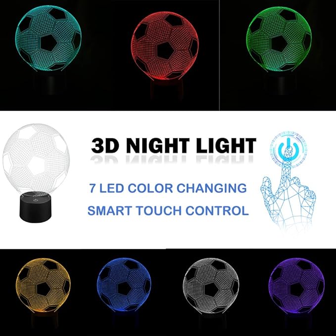 AZIMOM 3D Illusion Lamp Soccer Decor Night Light 7 Colors Changing Led Night Light for Kids Smart Touch Optical Illusion Bedside Lamps Bedroom Home Decoration Boys & Girls Women Birthday Gifts