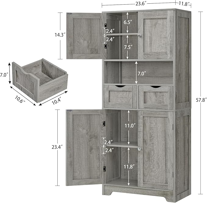 Iwell Tall Storage Cabinet with Adjustable Shelf, Bathroom Cabinet with 2 Drawers, Linen Cabinet for Living Room, Grey