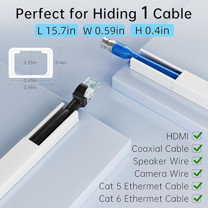 283in PVC Wire Covers for Cords on Wall, One-Cord Cable Concealer Kit, Paintable Cable Raceway Management, Cord Hider, Max for 2 Small Cords for Home Office, W0.59in H0.4in