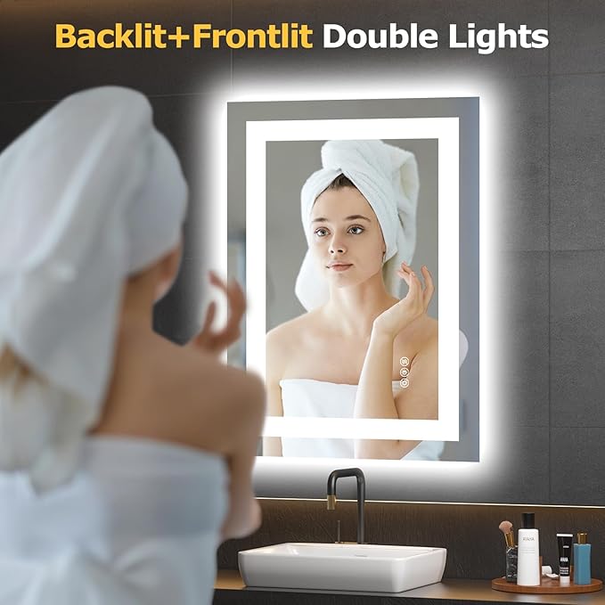 28X20 LED Bathroom Mirror with Lights, Anti-Fog, Dimmable, Backlit + Front Lit, Smart Bathroom Vanity Mirror, Memory Function, Shatterproof, Tempered Glass (Horizontal/Vertical)