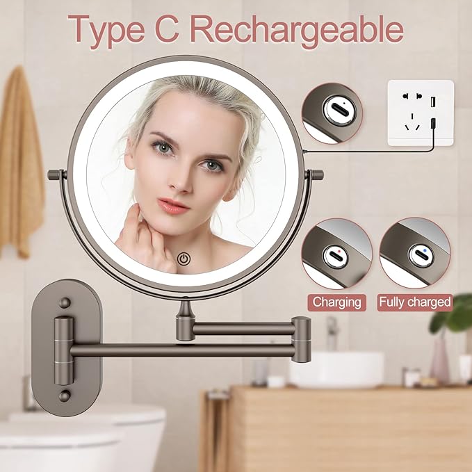 FASCINATE Rechargeable Wall Mounted Lighted Vanity Mirror 8 Inch 1X/10X Magnifying Makeup Mirror with 3 Color Lights, Double Sided Dimmable, 360 Degree Screen Touch,Bathroom Shaving Mirror (GunBlack)