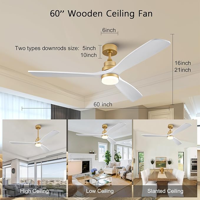 BOJUE 60 Inch Wood Ceiling Fans with Lights and Remote, White Gold Outdoor Ceiling Fan with Light, Dimmable 3 Blades Outdoor Fans for Patios Noiseless Modern Ceiling Fans for Bedroom Living Room