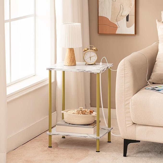 HOOBRO Side Table with Charging Station, Set of 2 End Tables with USB Port and Outlet, Nightstand with 2-Layer Storage Shelves for Small Spaces, Living Room, Bedroom, Gold and Marble DM09UBZP201