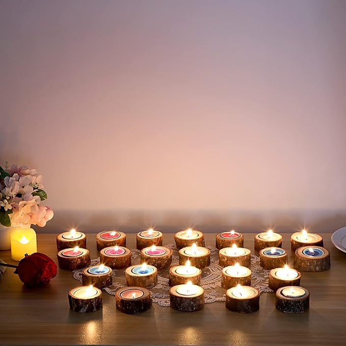 OwnMy Set of 24 Wooden Tea Light Candle Holders Votive Candle Holders, Rustic Wooden Pillar Candle Stands Vintage Wooden Tealight Holders Set Candle Centerpieces for Dining Table Wedding Party, 1" H