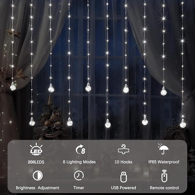 Minetom 200 LED Wishing Ball Curtain Lights - Fairy String Lights with Remote, USB Powered Waterproof for Christmas Wedding Party Bedroom Decoration, Pure White