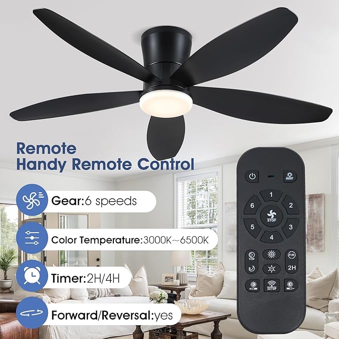 48" Ceiling Fans with Lights-Low Profile Ceiling Fan with Light and Remote/APP Control, Black Flush Mount Ceiling Fans,DC Reversible,LED Dimmable