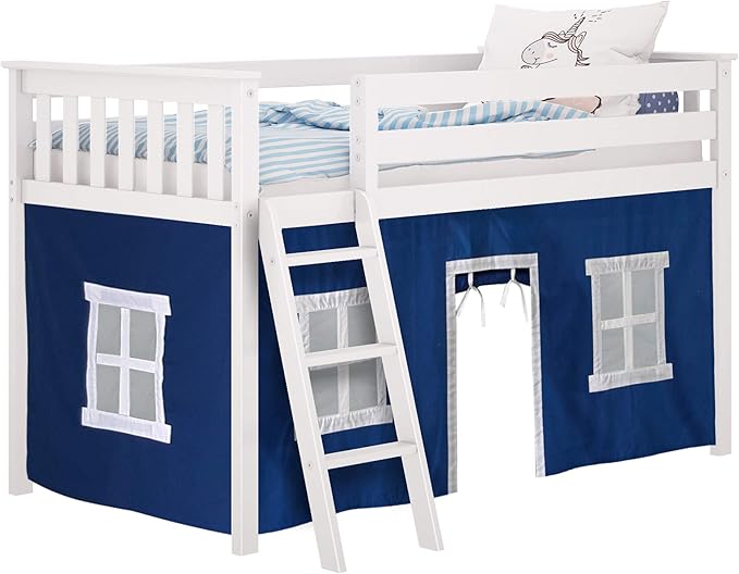 Max & Lily Underbed Privacy Curtain for Low Bunk/Loft Bed, 2 Panel Play Curtain Set - Hot Blue/White Cotton