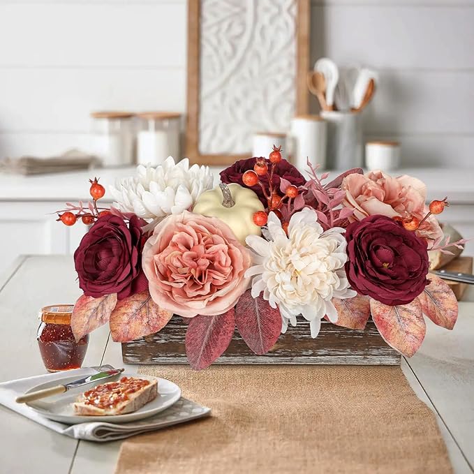 DILATATA Fall Decor Autumn Harvest Pumpkins Centerpiece - Artificial Rose Chrysanthemum Flowers Berries Arrangement in Rectangle Wooden Box for Thanksgiving Party Mantel Fall Decor