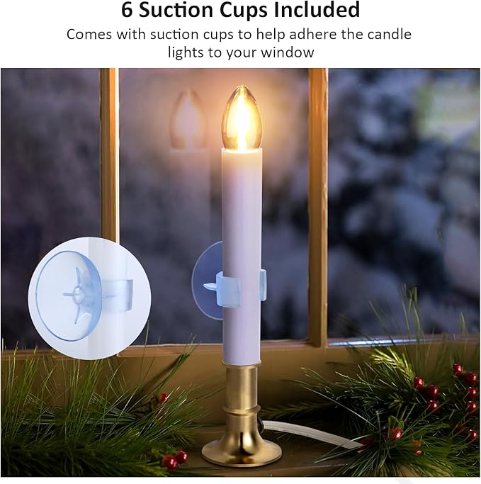 6-Pack Dusk to Dawn Electric Christmas Window Candle Lights with Shatterproof Plastic LED Bulbs, Plug-in Corded Window Candle Lamps, Auto On/Off Light Sensor, 6 Suction Cups Included, Warm White