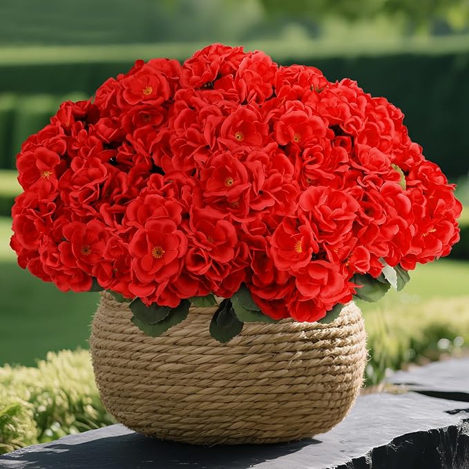 NESCCI 16 Pack Artificial Geranium Flowers for Outdoors UV Resistant Artificial Flowers Silk Geranium Fake Flowers Faux Flower for Outdoor Planters Garden Plants Window Sill Courtyard Home Decor(Red)