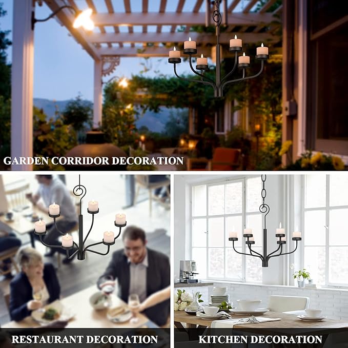 smtyle Holloween Tea LED Light Black Chandelier Tealight Candle Holders for Outdoor Gazebo Set of 6 Tealight Candles Metal Wall Sconce for Hanging Wedding Decoration