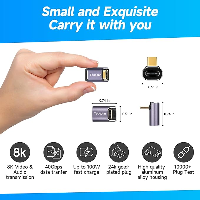 90 Degree Right Angle USB C Adapter (4 Pack), USB Type-C Male to Female Extender Connector, 40Gbps, 8K@60Hz Compatible with MacBook Pro/Air, iPhone 15/15 Pro Max, iPad Pro, Tablet, Phone, More