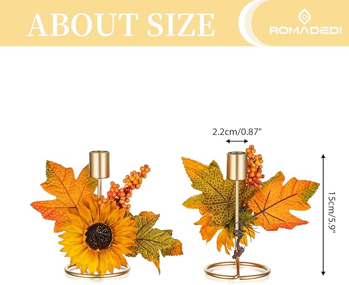 Romadedi Fall Candle Holder for Thanksgiving: Candlestick Holders Decor for Autumn Table Centerpiece Gold Party Decoration Indoor Kitchen Dining Fireplace Mantel Sunflower Maple Leaves Set of 2