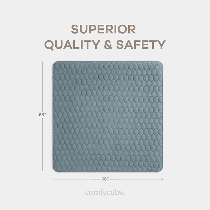 Comfy Cubs Square Kids Play Mat - 56 x 56 inches Soft Quilted Baby Floor Mat with Non-Slip Bottom - Plush Design for Toddlers' Playtime and Relaxation - Comfortable and Durable - Pacific Blue