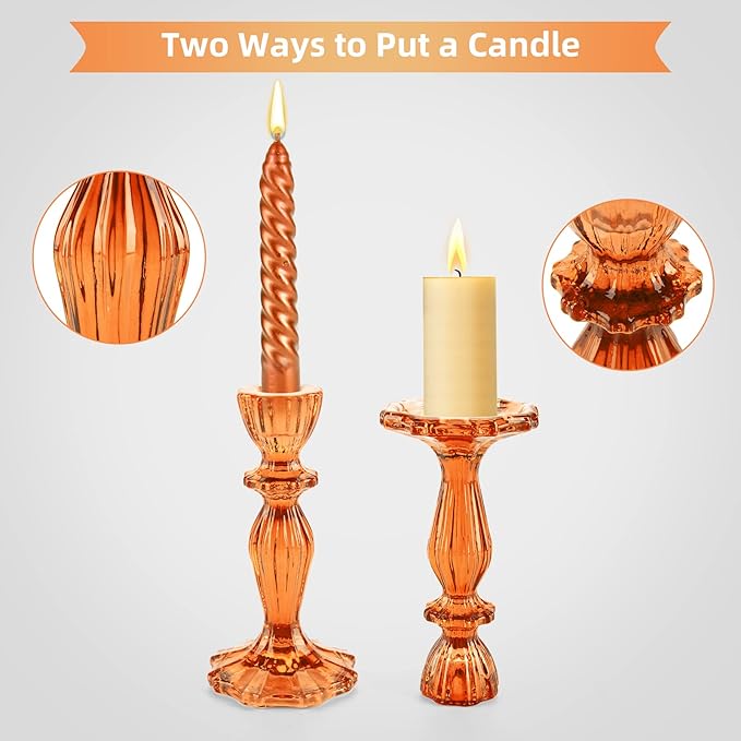 Glass Candle Holders, 2PCS Pillar Candle Holders Decorative Candlestick Holders Table Centerpieces Valentines Wedding Home Decor, Orange