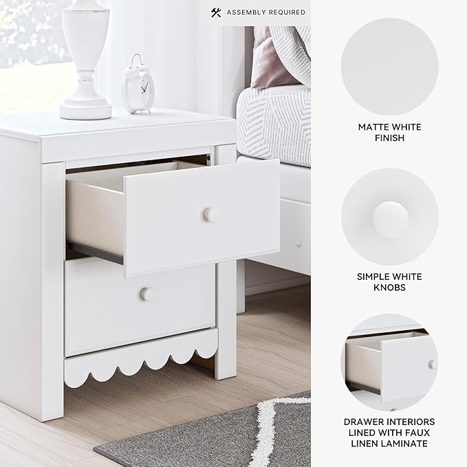 Signature Design by Ashley Mollviney Minimalist 2 Drawer Nightstand with USB Ports, 24.25" Tall, White