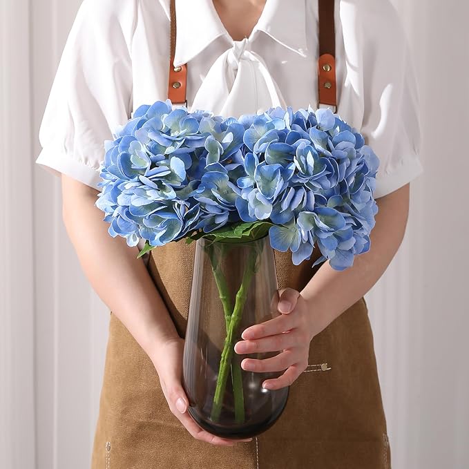 Nubry 22.44In Blue Hydrangea Artificial Flowers, 2Pcs Latex Faux Real Touch Large Hydrangea Flowers with Long Stems & Leaves for Home Office Decor Wedding Party Arrangements(Blue)