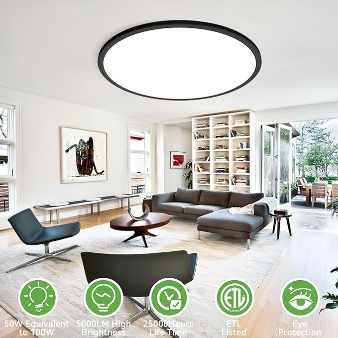 zemty 2Pack 20 inch LED Flush Mount Ceiling Light, 50W 5000lm Large Light Fixture, 3 Color Temperature in One 3000k 4500k 6000K Round Modern Ceiling Lamp for Bedroom Kitchen Dining Room (Black)