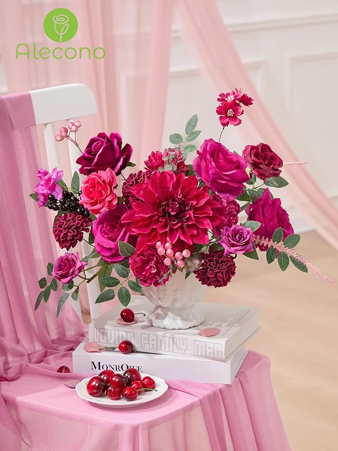 Alecono Artificial Flowers, Hot Pink Fake Flowers for DIY Wedding Bouquets, Bridal Baby Shower, Home Decor, Centerpieces for Table Decorations