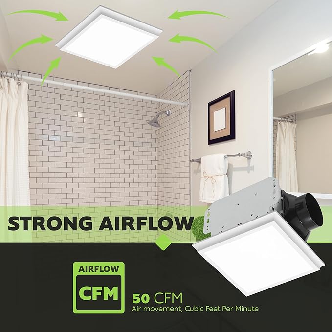 Homewerks 7141-50-G4 Bathroom Fan Integrated LED Light Ceiling Mount Exhaust Ventilation Ultra Quiet 0.7 Sones 50 CFM, White
