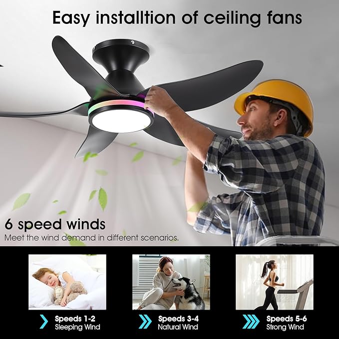 Ceiling Fans with Lights Remote/APP Control, 38" Low Profile Ceiling Fans with Dimmable White Colors+ RGB Ring Lights, 6 Speeds 5 Reversible Blades for Kids Room Bedroom Living Room, Black