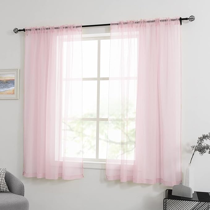 HUTO Light Pale Baby Pink Sheer Curtains 63 Inch Length for Girls Bedroom Rod Pocket Window Transparent Voile Drapes Curtains for Kids Room Living Room 2 Panels 52x63 Inches Long