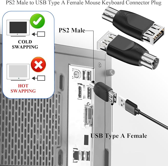 QIANRENON PS2 to USB Mouse Keyboard Converter PS/2 Male to USB A Female Adapter PS2 Plug to Type A Socket Connector, Not Support Hot Swapping, for PC Barcode Scanner, 2Pcs