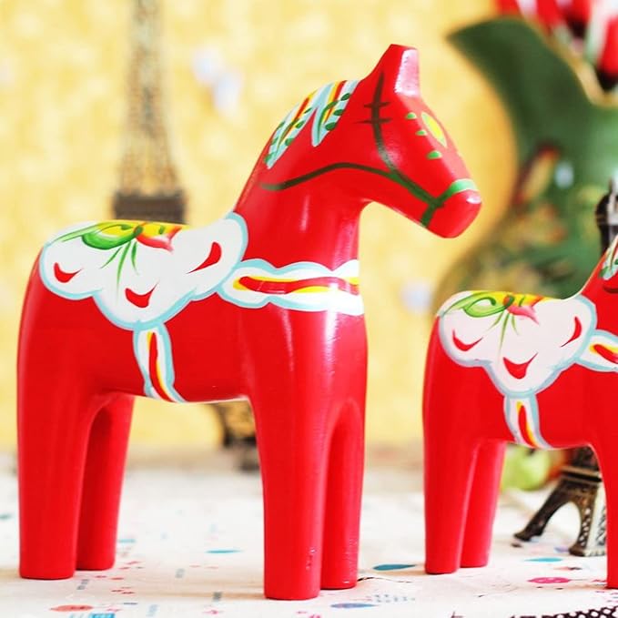 Asixxsix Red Scandinavian Wooden Dala Horse Figurines, Set of 2, Cultural Christmas Decoration Gift
