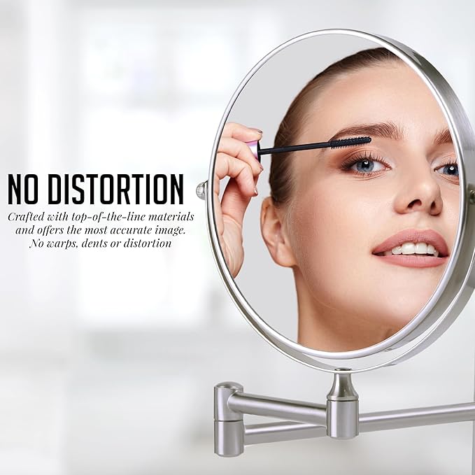 OVENTE 7" Wall Mounted Makeup Mirror with 1X/10X Magnification, Double Sided Magnifying Round Bathroom Vanity Mirror, 360° Swivel Design, Extendable and Folding Arm, Nickel Brushed MNLFW70BR1X10X
