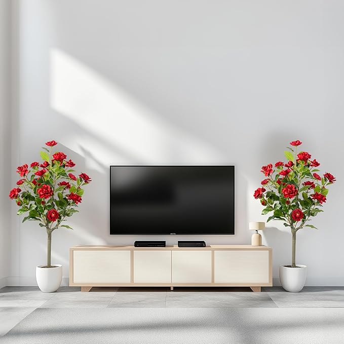 Artificial Camellia Tree 2 Pack, Artificial Plants Outdoor Faux Floral Plant in Cement Pot Fake Silk Camellia Tree Plants for Home House Living Room Office Decor