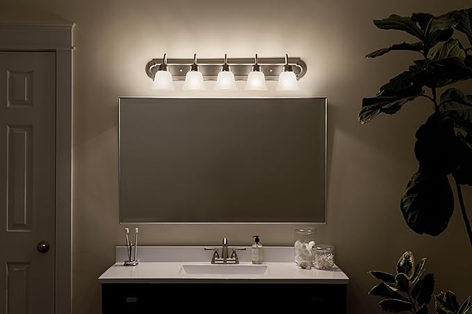 Kichler 36" 5-Light Vanity Bath Light in Brushed Nickel, Modern Bathroom Light with Clear Satin Etched Glass, (36" W x 8" H), 5339NIS