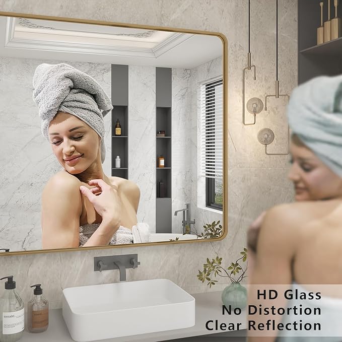 48x36 Inch Gold Bathroom Mirror, Brushed Metal Framed Gold Wall Mirror, Modern Rounded Rectangle Brass Vanity Mirror, Shatterproof, Anti-Rust (Horizontal/Vertical)