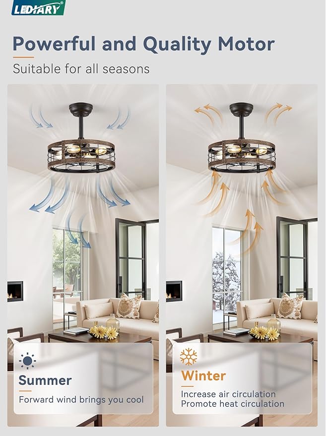 LEDIARY 16.5 Inch Caged Ceiling Fan with Light, Fandelier Farmhouse Ceiling Fan with Remote, Small Bladeless Fan Lights Ceiling Fixtures for Kitchen, Bedroom, Outdoor-Black and Gold