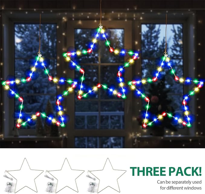 MAOYUE Window Lights 3 Pack Christmas Window Star Lights with Timer Battery Operated Christmas Decorations 8 Lighting Modes with 3 Remote Controls for Outdoor, Indoor, Porch, Party, Colorful