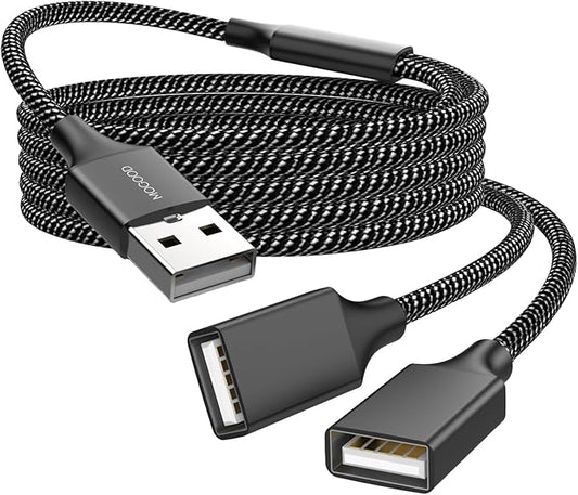 Durable USB A Male to 2 Female Extension Cord - Nylon Braided, Fast Data Transfer, Compatible with Printer, Keyboard, Flash Drive, Hard Drive, PlayStation