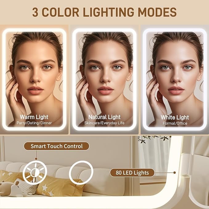 Rechargeable Trifold Makeup Mirror with Lights, 1X/3X/5X Magnification, Cordless 3-Color LED Vanity Mirror for Travel & Desk, Up to 20H Use, Ideal Gift for Women & Teens - Pink
