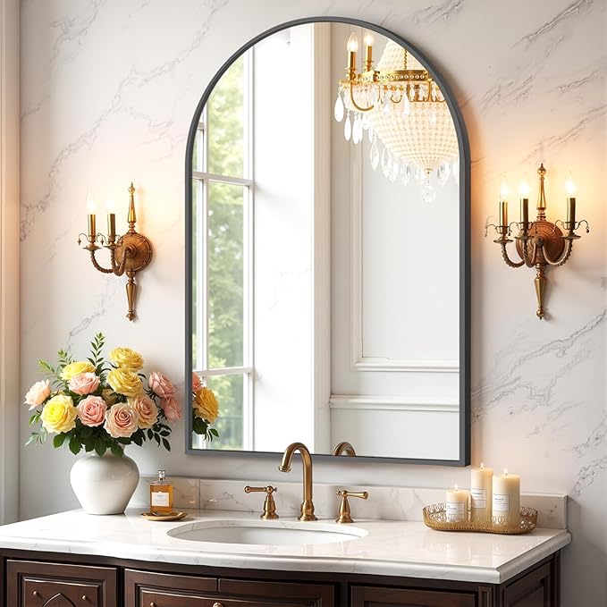 Sweetcrispy Arched Bathroom Mirror 36x25 Inch Black Metal Framed Arch Vanity Mirror for Wall, Over Sink, Farmhouse, Restroom, Anti-Rust, Modern Decorative, Hanging or Leaning