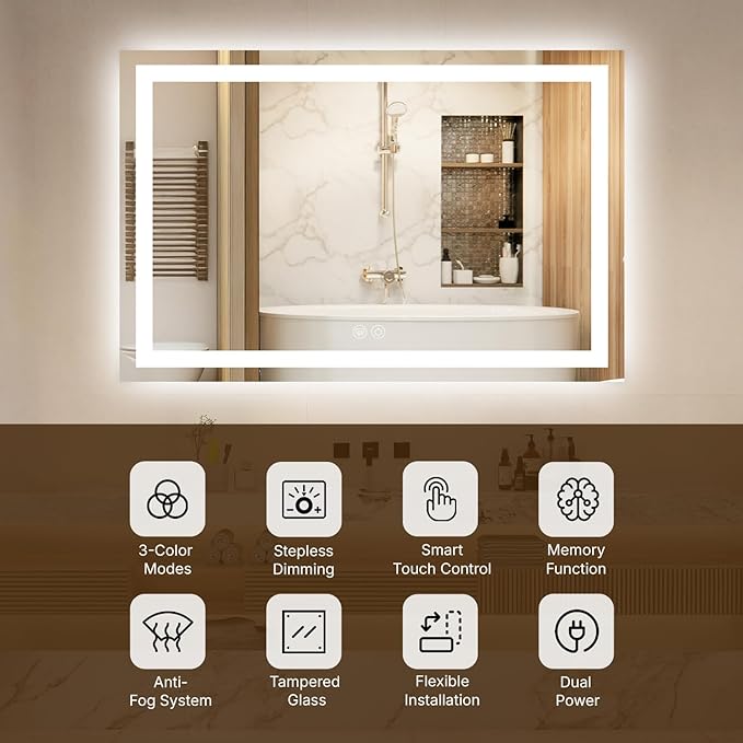 55 x 30 LED Vanity Mirror for Bathroom, Frontlit & Backlit LED Mirror for Bathroom with 3 Colour Lights, Wall Vanity Mirror with Anti-Fog, Shatterproof & Memory Function, Perfect for Modern Bathrooms