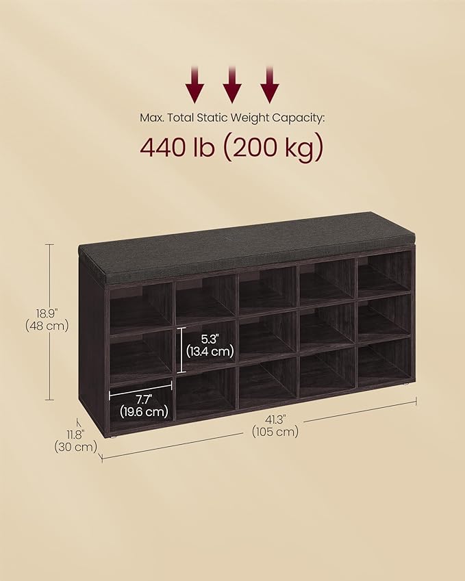 VASAGLE CUSTOS Collection - Shoe Bench, Storage Bench with Padded Seat, Entryway Bench with 15 Compartments, for Bedroom, 11.8 x 41.3 x 18.9 Inches, Espresso Brown and Chestnut Brown ULHS15BR