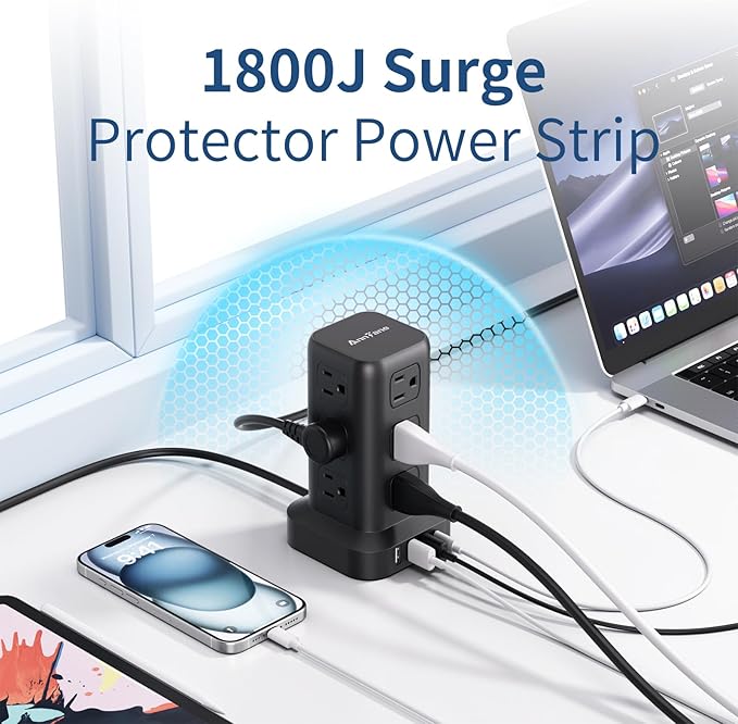 Surge Protector Power Strip 6.5 FT Cord, Power Strip Tower with 4 USB Ports (1USB C), Extension Cord with 12 AC Multiple Outlets, Home Office Supplies Desk Accessories, Dorm Room Essentials